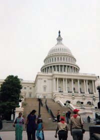 Photo of the US capital, with two scouts in class A uniforms walking towards the stairs.