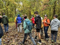 A group of scouts walking away from the camera on a leafy trail.