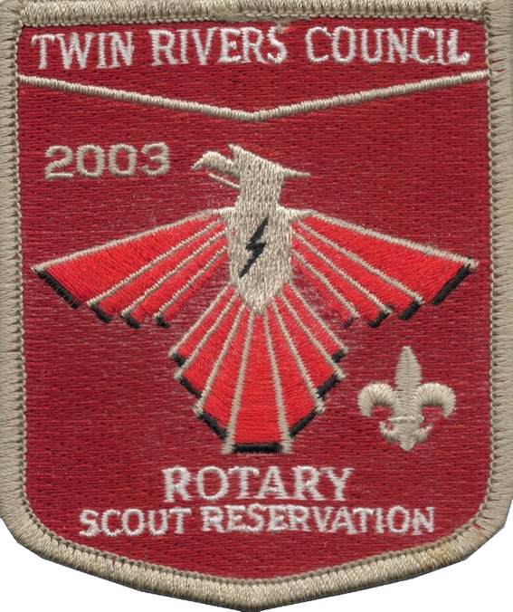 A red patch with a red background and a red and gold phoenix with a thunder bold in the center of its chest.  It says 